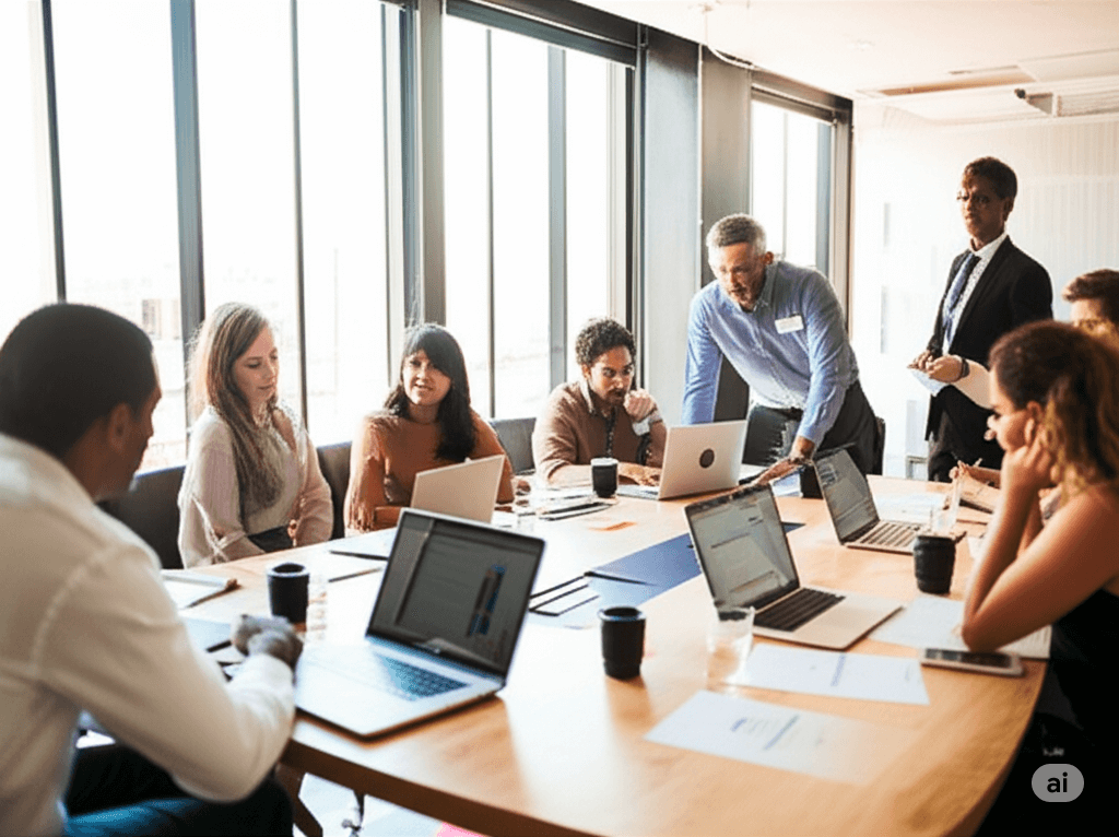 Inclusive team of professionals from diverse backgrounds collaborating around a conference table while brainstorming creative team names in a bright modern office space
