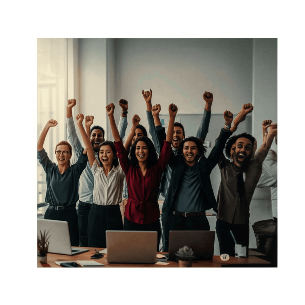 Enthusiastic team members from different cultural and professional backgrounds celebrating their inclusive team name choice while cheering together in a collaborative modern office workspace