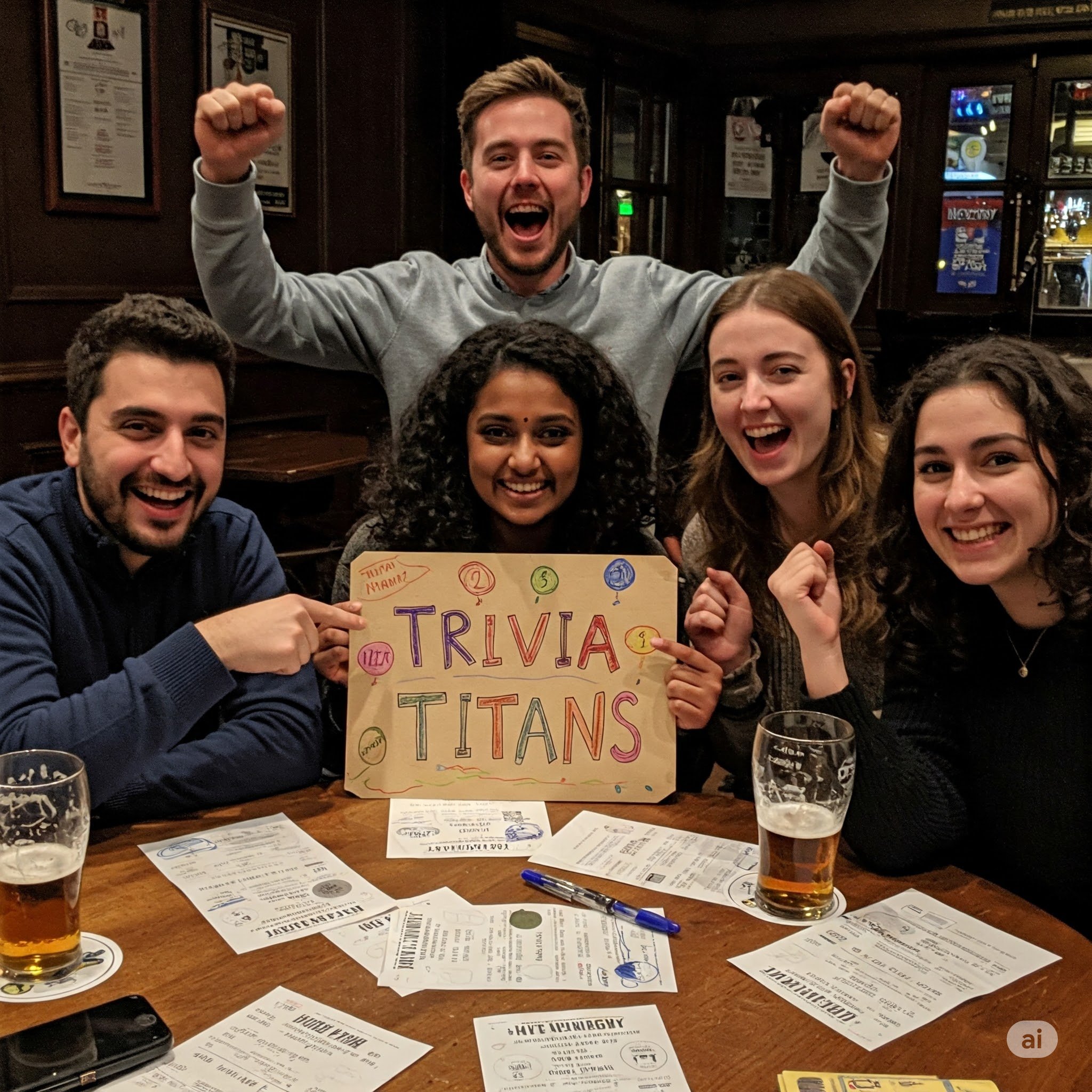 Diverse team members celebrating their creative team name success with joy and unity in a modern office environment